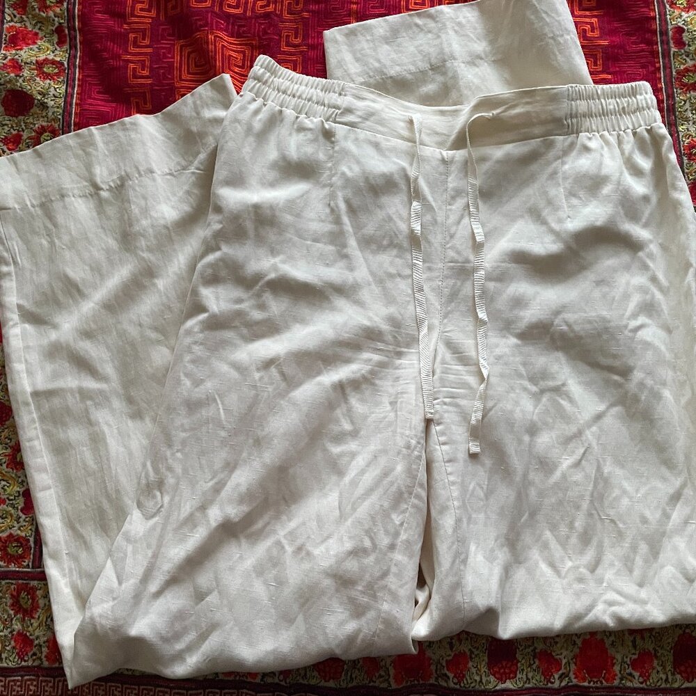 Cream Silk and Linen Wide Leg Tailored Pants with Drawstring and Lined - Size M